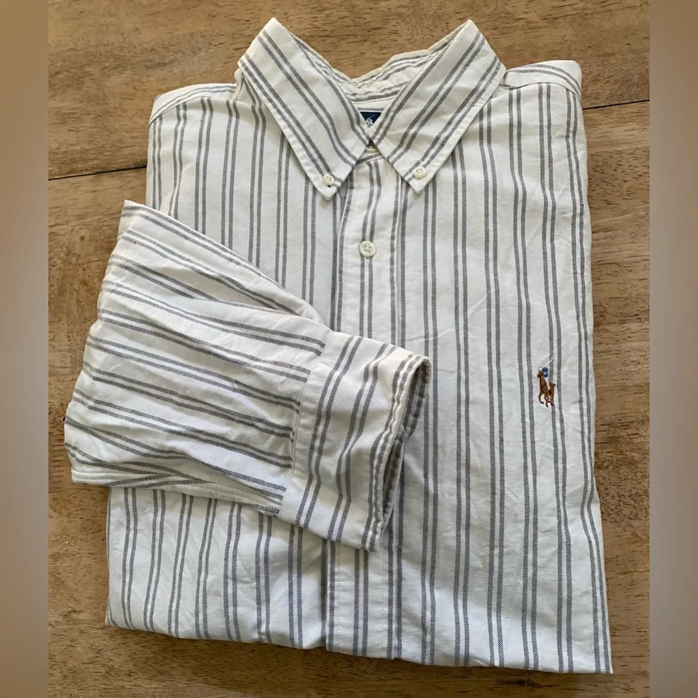 Polo Ralph Lauren Classic Fit Men’s Sz 17 34/35‎ White/Gray Pinstripe Oxford